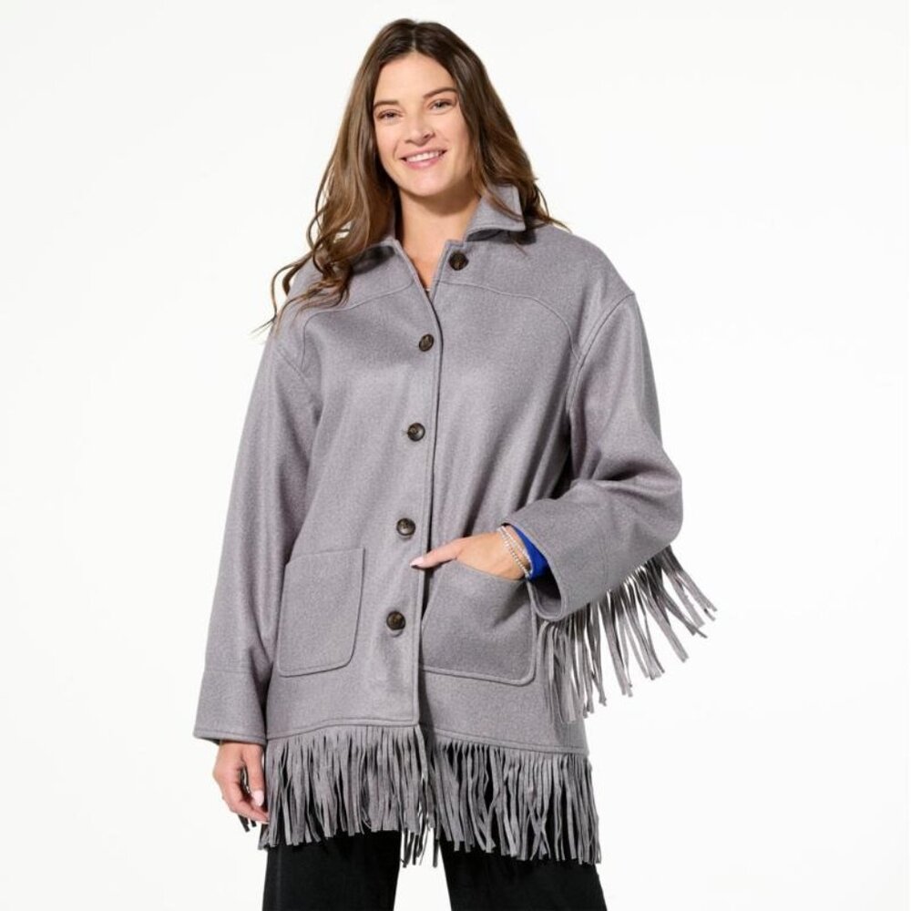 TWRHLL by Christie Brinkley Brushed Faux Melton Jacket Size 1XP Fringe Trim Gray